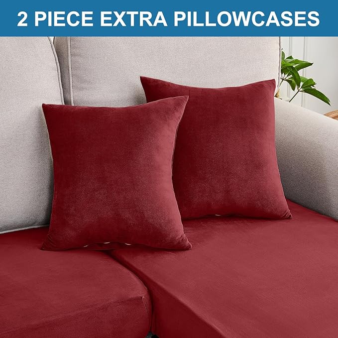 Couch Cover 6-Piece Elastic Velvet Couch Cushion Covers & Chaise Slipcovers for L-Shaped Sofas, Sofa Seat Covers Washable, Soft Cover for Couches (5 Seater + Chaise, Christmas Red)