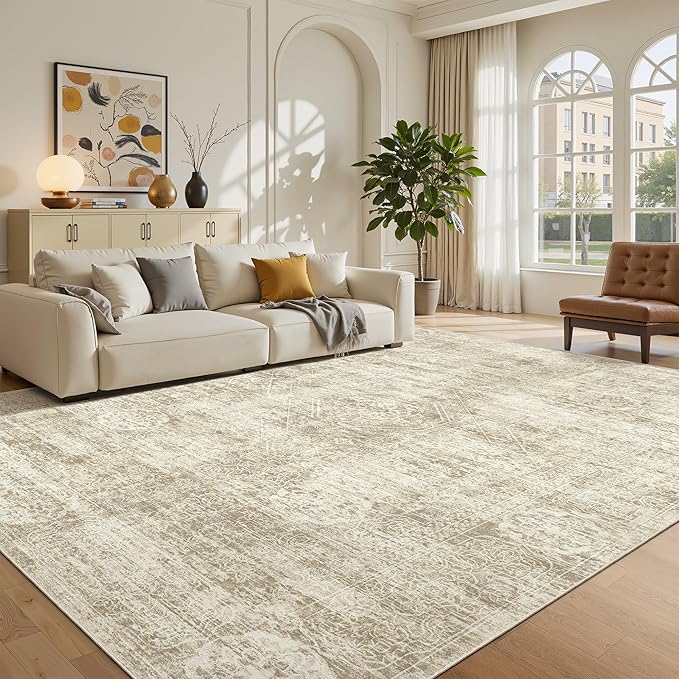 Madane 6x9 Area Rugs for Living Room, Machine Washable Vintage Beige Rug with Non-Slip Backing, Soft Throw Rugs, Thin Stain Resistant Carpet for Bedroom Dining Room Farmhouse Home Office