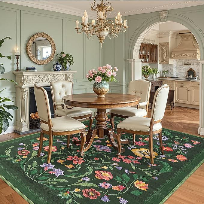 Washable Rug 8x10 Area Rugs for Living Room, Protea Floral Rug for Bedroom, Soft Vintage Non Slip Throw Rugs with Rubber Back, Low Pile Stain Resistant Boho Floral Carpet for Dining Room, Forest Green