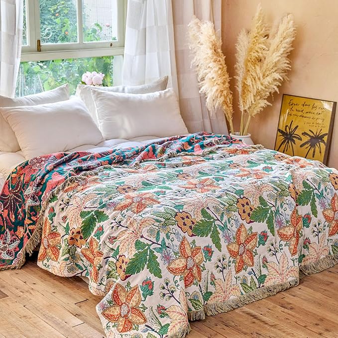 MSGKV Boho Throw Blanket for Couch Chair 100% Cotton Embroidery Floral Blanket 50"x60" Sofa Blankets for All Seasons Lightweight Farmhouse Muslin Spring Breathable Bed Blankets Home Decor