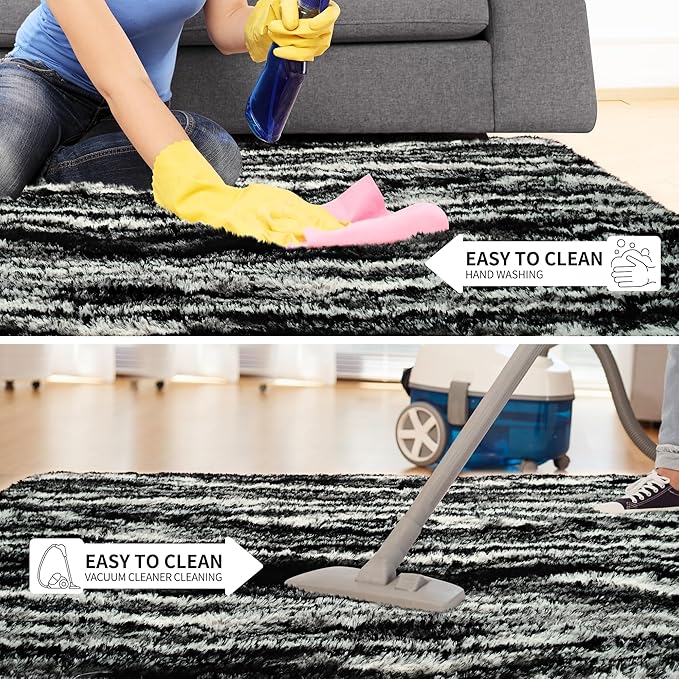 Tepook Fluffy Large Rugs for Living Room, Shag Area Rug 6x9 Soft Carpet for Bedroom, Modern Shaggy Rug for Kids Boys Girls, Plush Indoor Nursery Home Decor Rug with Non-Slip Bottom, Black White