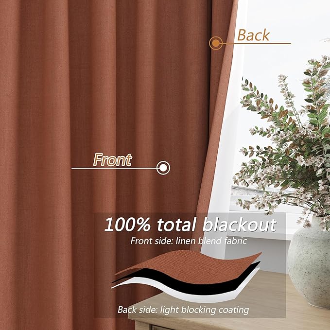 Guken Terracotta 100% Blackout Curtains 90 Inch Length 2 Panels Set Fall Curtains for Living Room Bedroom Back Tab Thermal Insulated Black Out Linen Drapes, 52x90