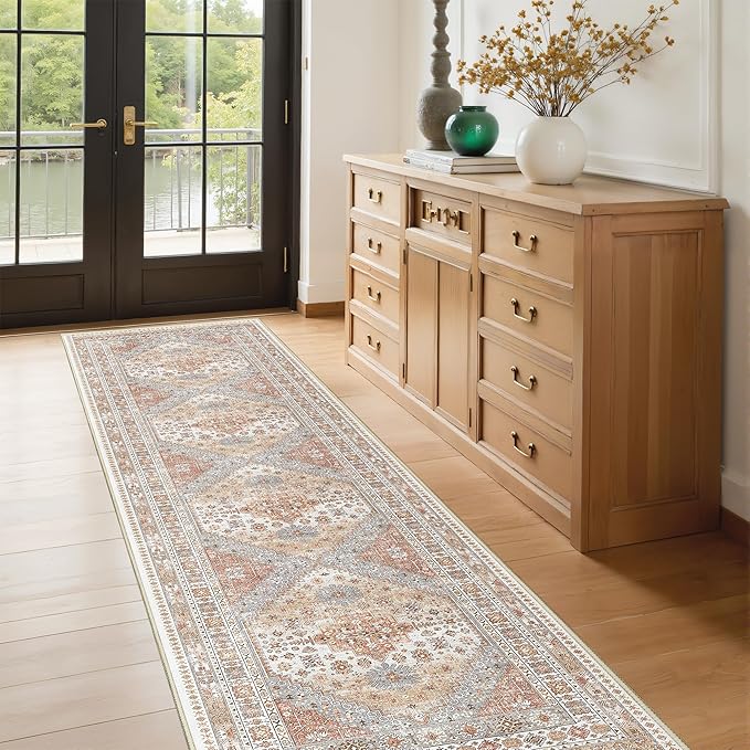 Runner Rug 2x8 Runners for Hallways Non Slip Washable, Vintage Hallway Runner Rugs for Living Room, Low Pile Soft Hallway Rug for Kitchen Bedroom Laundry Room Rug(Orange,2'x8')