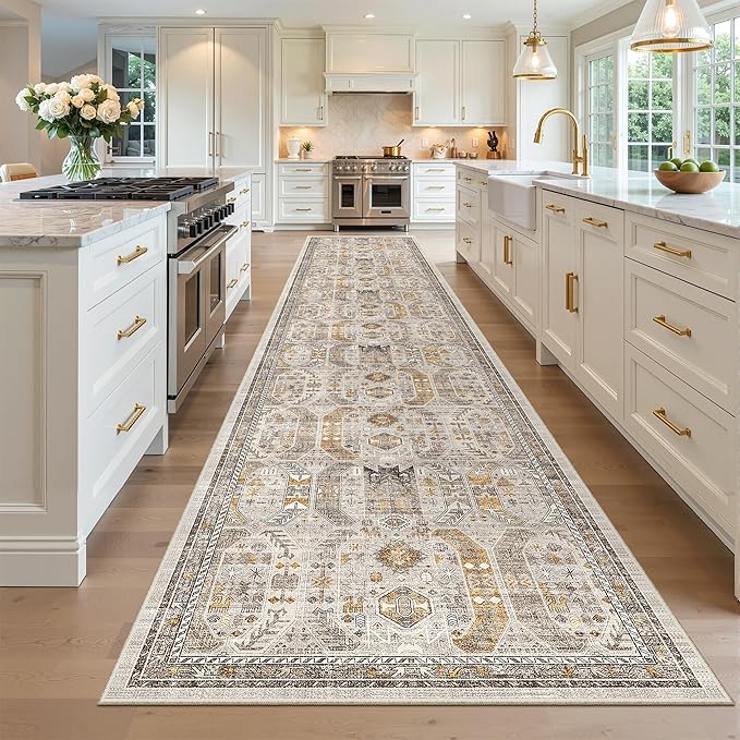 Madane Hallway Runner Rug 3x16 - Vintage Non Slip Washable 16ft Kitchen Runner for Entrance Soft Long Carpet Runners for Living Room Bathroom Low Pile Floor Mat for Bedroom Dining Room, Brown/Gold