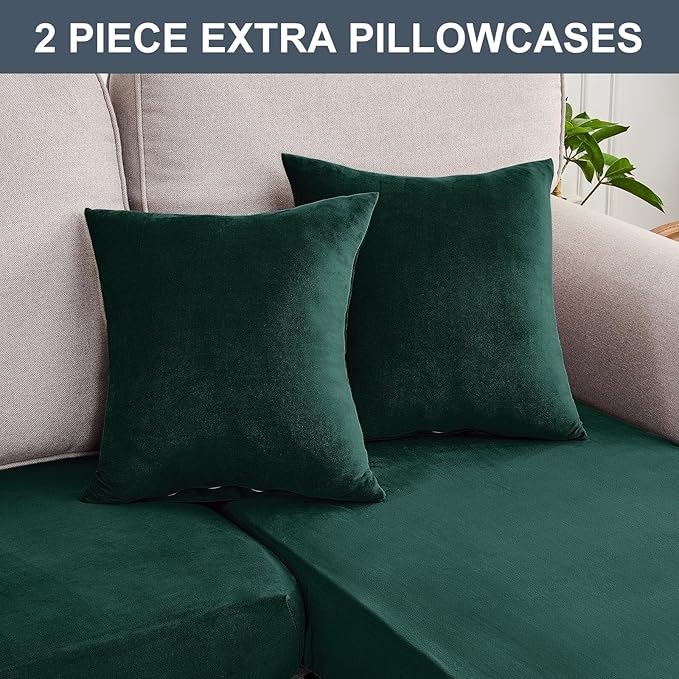 Couch Cover 8-Piece Elastic Velvet Couch Cushion Covers & Chaise Slipcovers for L-Shaped Sofas, Sofa Seat Covers Washable, Soft Cover for Couches (7 Seater + Chaise, Christmas Green)