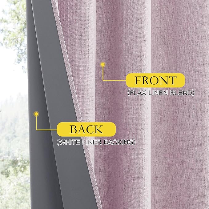 NICETOWN Pink Vintage Linen 100% Blackout Curtains for Dining Room, Thermal Insulated Curtains 54" Long, Noise Reducing Window Treatment Drapes for Kitchen, 42" Wide Per Panel, Set of 2