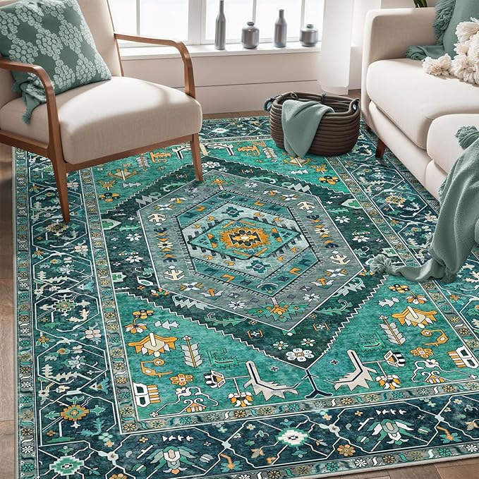 SERISSA 4x6 Boho Bedroom Rug, Washable Non Slip Vintage Teal Area Rugs, Ultra Soft Print Distressed Tribal Entry Rug Low-Pile Throw Carpet for Nursery Dorm Kitchen Living Room Decor