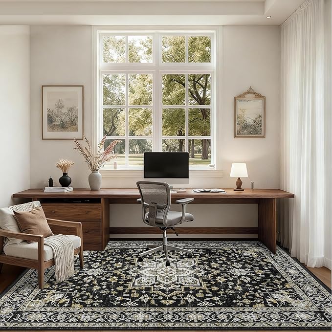 3x5 Area Rugs Living Room Rug: Washable Vintage Boho Medallion Rug No Slip Stain Resistant Soft Carpet Indoor Large Carpets for Bedroom Dining Room Farmhouse Nursery Hallway Home Office Black Gold