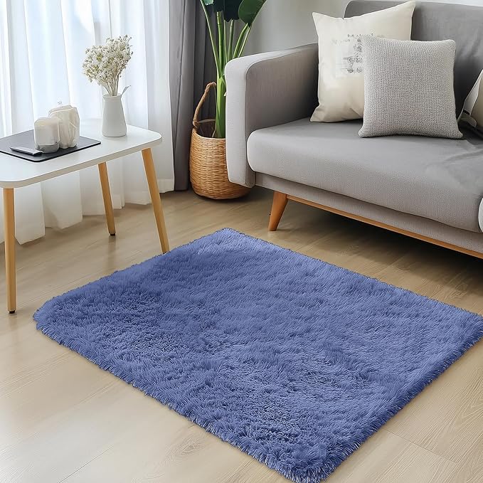 OLANLY 2x3 Machine Washable Small Bedside Rug, Soft Fluffy Shaggy Entryway Throw Rugs for Bedroom, Living Room, Indoor Floor Carpet for Kids Girls and Boys, Home Decor Aesthetic, Denim Blue