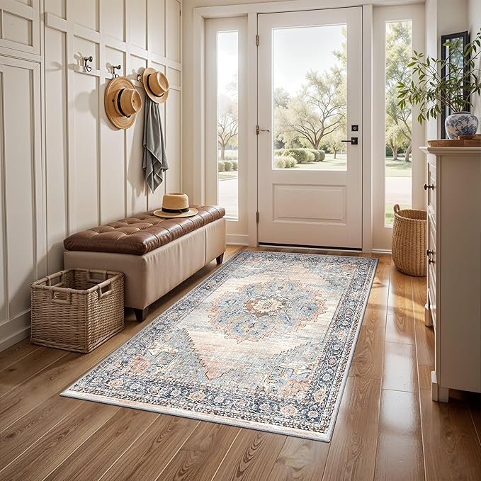 TOPRUUG 3x4 Entryway Runner Rug - Washable Non-Slip Rugs for Kitchen Soft Ultra-Thin Door Mat Indoor Entrance Stain Resistant Small Throw Carpet for Bathroom (Blue, 3X4)