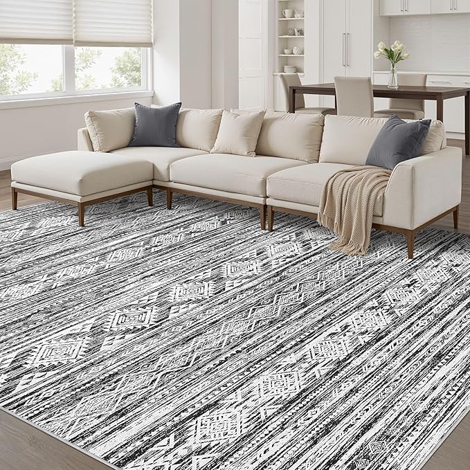 Nakagishi Area Rug Living Room Rugs: 7X9 Machine Washable Boho Large Neutral Farmhouse Stain Resistant Moroccan Indoor Floor Carpet for Bedroom Nursery Dorm Dining Room Home-White Black