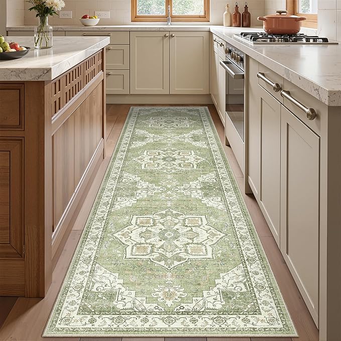 Runner Rug 2x8 Runners for Hallways Non Slip Washable, Vintage Hallway Runner Rugs for Living Room, Low Pile Soft Hallway Rug for Kitchen Bedroom Laundry Room Rug(Light Green,2'x8')