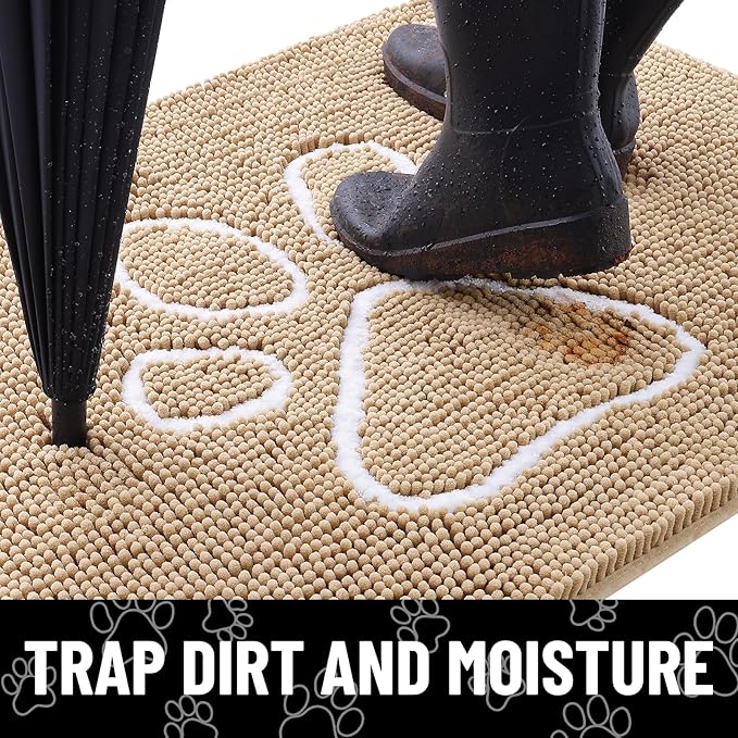 Smiry Dog Door Mat for Muddy Paws, Absorbent Dirt Trapper Non Slip Quick Dry Washable Chenille Mat for Mud Dogs, Entry Rug for Indoor and Outdoor (47x32 Inches, Beige and White)