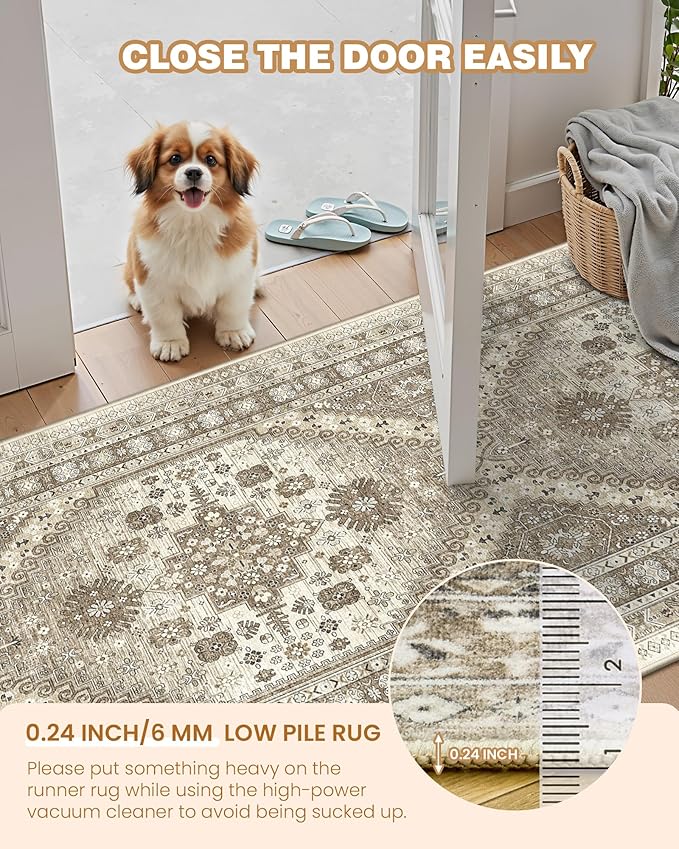 Runner Rug 2x6, Ultra-Thin Entryway Rug Non Slip Washable Rugs for Laundry Room, Runners for Hallways, Vintage Soft Rugs for Living Room, Kitchen, Bedroom(Brown,2'x6')