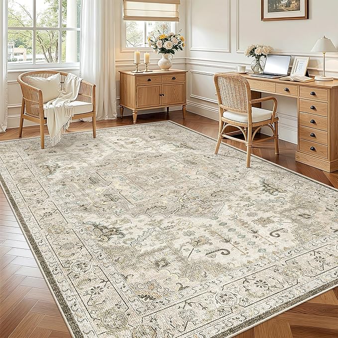 Madane 5x7 Area Rugs for Living Room, Stain Resistant Washable Rugs, Non-Slip Backing Area Rug, Vintage Home Decor Rug for Bedroom (Ivory/Brown, 5'x7')