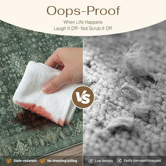 6x9 Washable Area Rug for Living Room Bedroom Vintage Green Carpet Soft Low Pile Traditional Retro Non Slip Throw Rug for Dining Room Entryway Indoor Dorm Kitchen