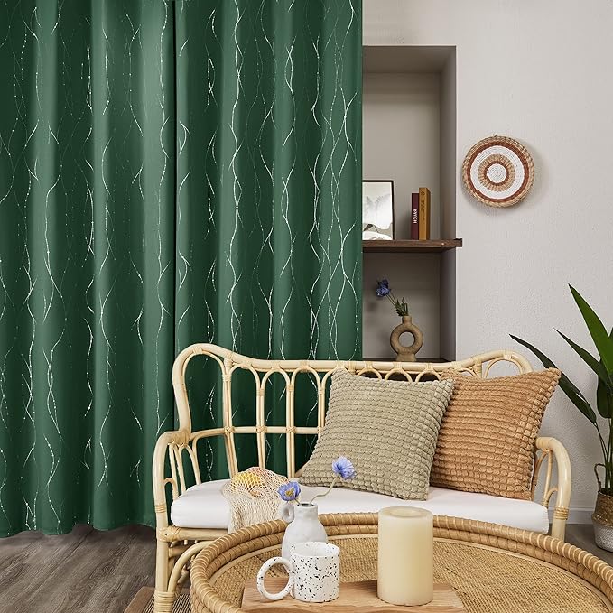 Deconovo Green Curtains, Christmas Blackout Drapes, Thermal Insulated Soundproof Drape, Wave Line Dot Foil Print, 52 x 95 Inch, 2 Panels, Machine‑Washable Window Panel for Living Room Kitchen Nursery