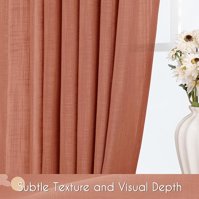 63 inch Linen Terracotta Curtains 2 Panels for Living Room Back Tab Light Filtering Semi Sheer Rust Colored Curtains 63 inches Long Soft Thick Cotton Cloth Textured Rustic Boho Farmhouse Room Decor