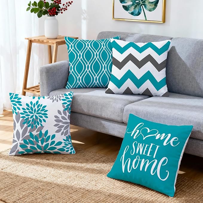 Hexagram Geometric Teal Pillow Covers 16x16 Set of 4, Decorative Outdoor Boho Modern Throw Pillow Covers, Home Sweet Home Farmhouse Cushion Case for Couch Sofa Bedroom Indoor Decor(No Insert)