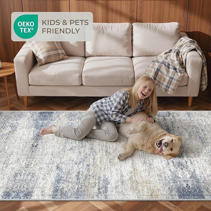 Long Rugs Runner - Washable Runner Rugs for Hallway 2x10, Ultra-Thin Soft Kitchen Carpet Runner, Anti Slip Backing Runner Rugs for Entrance, Bedroom, Living Room(2'x10', Blue/Brown/Ivory)