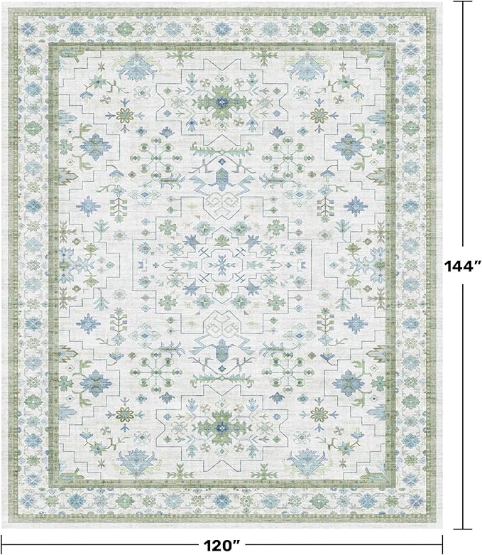 Hazo Haus Washable Rugs for Living Room 10x12 - Cream Blue and Green Oriental Floral Geometric, Low Pile Non Slip Extra Large Area Rug for Dining Under Table, Bedroom, Lounge