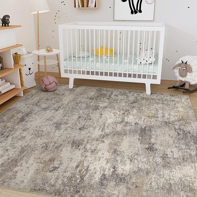 Nakagishi 10x14 Area Rugs Living Room: Washable Abstract Large Neutral Soft Rug Stain Resistant Modern Indoor Floor Non-Slip Carpet for Bedroom Nursery Playroom Office Dining Room Dorm- Brown Grey