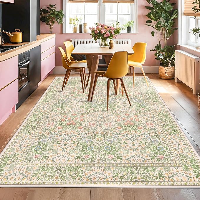 Hazo Haus Light Beige Green Floral Living Room Rug, 7x9 Washable Area Rug for Kids Room, Bedroom, Nursery Room, Living Room, Dining Room, Low Pile Non-Slip - Vintage Design & Stain Resistance