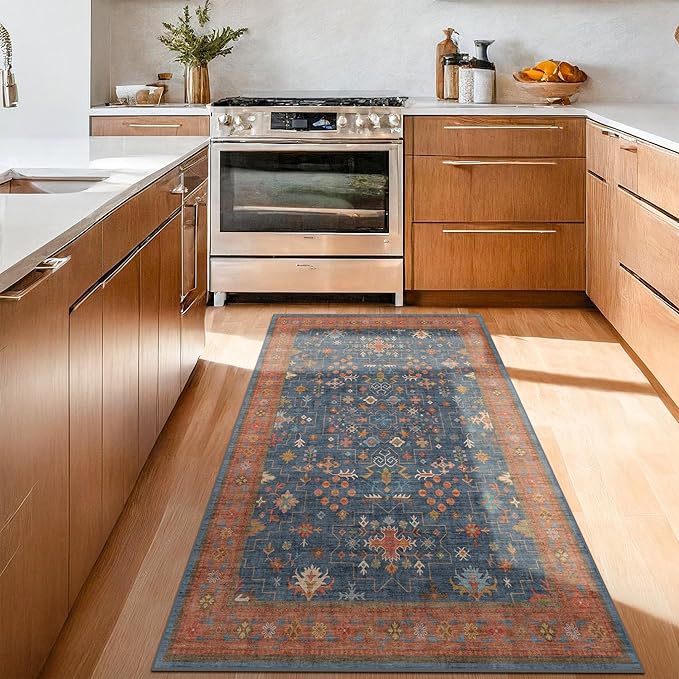 Washable 4x6 Small Rug for Living Room, Area Rug for Kitchen, Bedside, Large Entryway Indoor - Stain Resistant Non Skid Non Slip with Rubber Backing, Boho Aethestic Décor (4x6 Navy Blue)