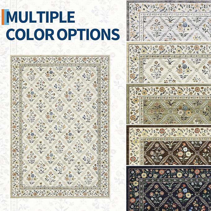 Floral Washable Entryway Rug Non-Slip 2x3 Front Door Mat Vintage Low-Pile Small Area Rugs Soft Non-Slip Indoor Stain Resistant Entry Mat for Entrance Bedroom Bathroom Beige