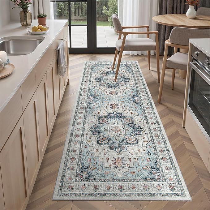 Madane Blue Runner Rug, 2x5, Low-Pile, Non-Slip, Washable, Stain Resistant, Retro, Machine-Made, Microfiber, Floral, Kitchen, Living Room, Bedroom, Laundry Room