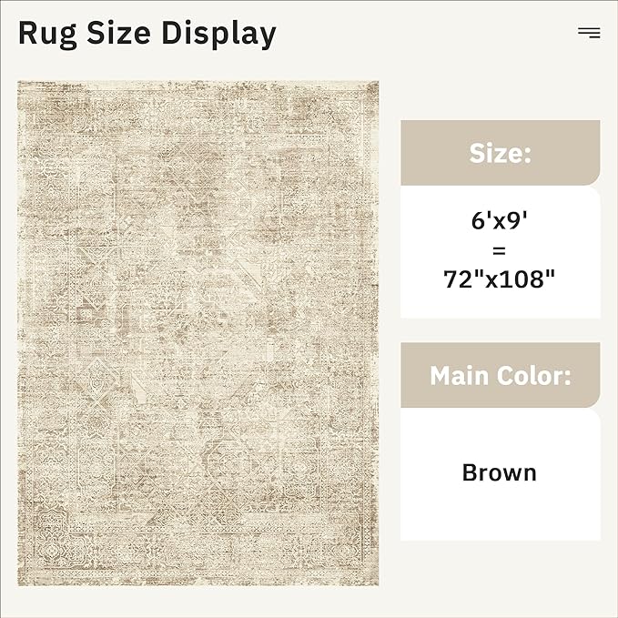 6x9 Area Rug for Living Room Floral Washable Non-Slip Modern Rugs for Bedroom Dinning Room Ultra-Thin Indoor Brown
