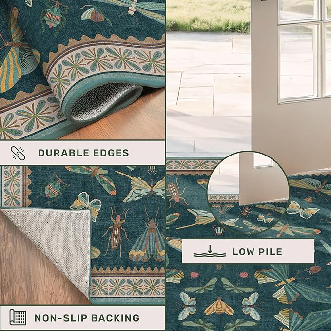 Hazo Haus Teal Green Living Room Rugs - 10x14 Large Area Rug for Dining Room, Big Bedroom, Playroom Kids, Foldable Insect Décor