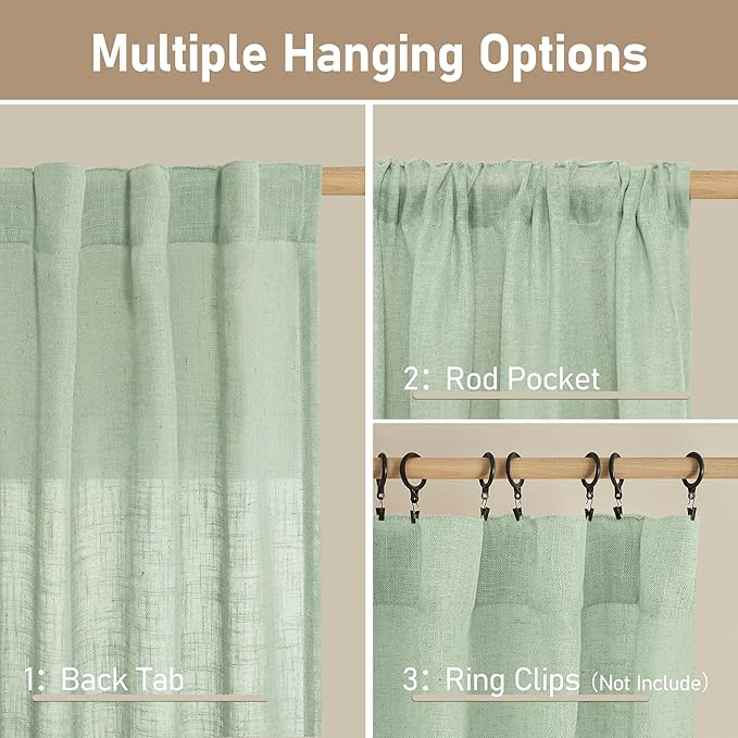 LAMIT Linen Curtains 30 Inch Length for Cafe, Semi Sheer Light Filtering Panels Back Tab and Rod Pocket Neutral Drapes for Basement/Window/Loft Room, Fresh Green, 2 Panels, 34 x 30 Inch