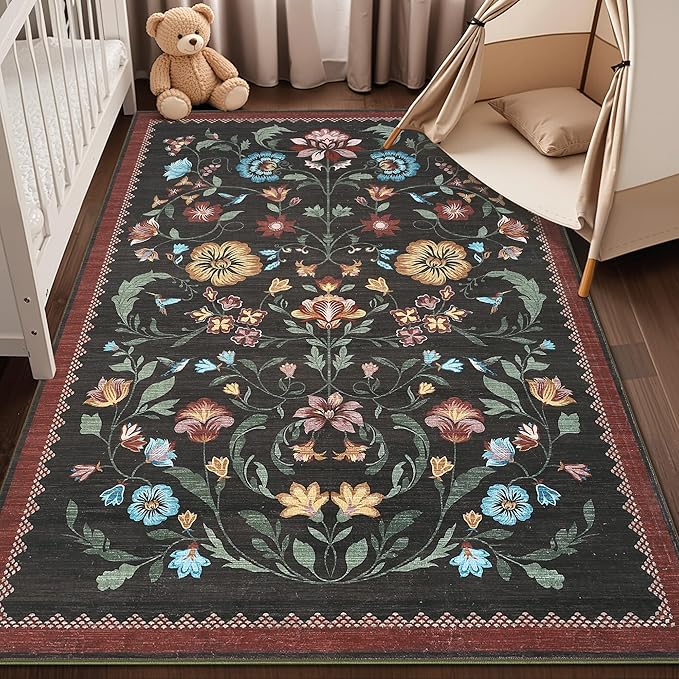 GarveeHome Washable Rug 4x6 Area Rugs for Living Room, Floral Rug for Bedroom, Soft Boho Non Slip Throw Rugs with Rubber Back, Low Pile Stain Resistant Vintage Floral Carpet for Dining Room, Red