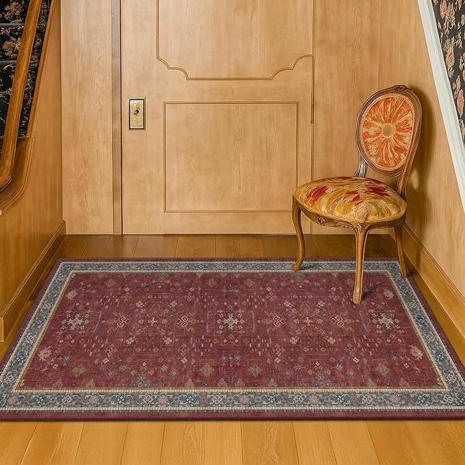 Hazo Haus Burgundy 2x4 Washable Entry Rug for Inside House, Kitchen Floor, Thin Door Mats for Inside Entry, Washable Non Slip Low Pile Stain & Fade Resistant, Modern Eclectic Floral Decor