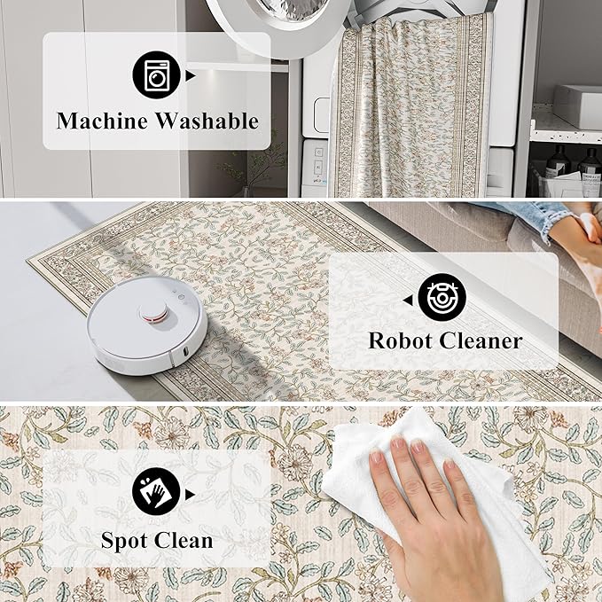 TOPRUUG 2x12 Washable Runner Rug - 12ft Runners for Hallway Non Slip Kitchen Rugs Soft Low Pile Carpet for Bedroom Bathroom Stain Resistant Vintage Floral Floor Mat Home Decor (Floral/Cream, 2X12)