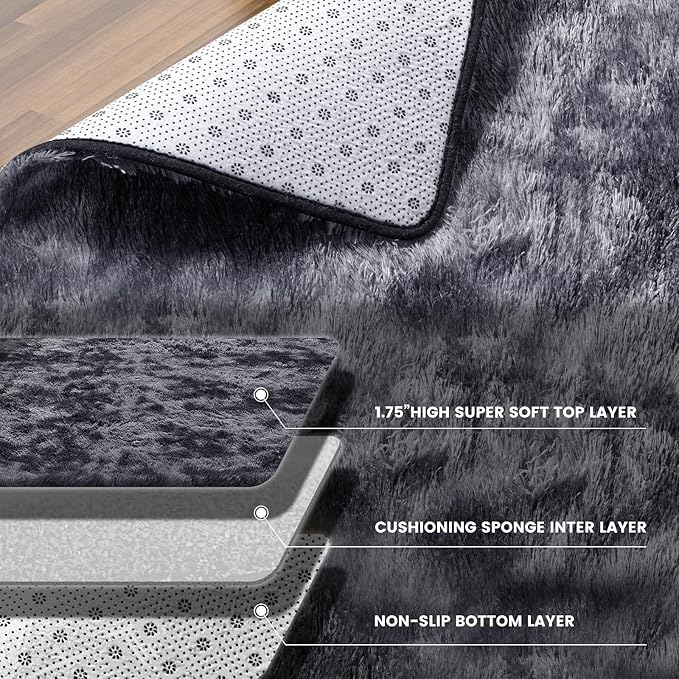 Large Area Rugs for Living Room, 6x9 Feet Fluffy Shag Fuzzy Plush Soft Bedroom Area Rugs, Indoor Floor Carpet for Kids Boys Girls Dorm Nursery Home Decor Aesthetic, Tie-Dyed Dark Gray