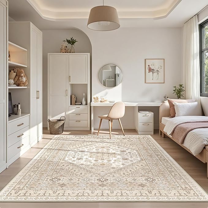 Area Rugs 5x7, Ultra-Thin Washable Rugs for Living Room, Anti-Slip Backing Area Rug for Bedroom, Soft Floral Vintage Home Decor Rug for Dining Room(Cream/Beige,5'x7')