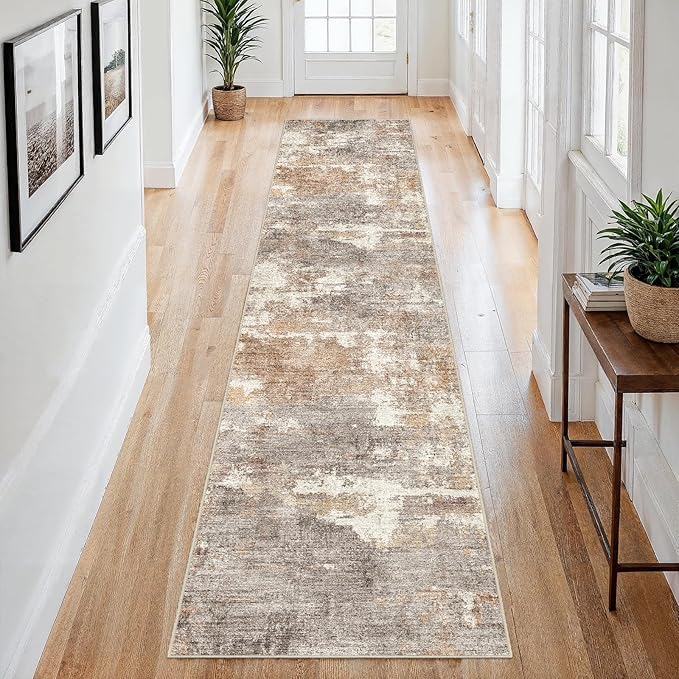 2x8 Washable Kitchen Runner Rug: Modern Abstract Runners for Hallway Soft Non Slip Rugs with Rubber Backing Low Pile Thin Waterproof Floor Carpet for Entryway Bedroom Bathroom Indoor 2x8 Brown/Brick