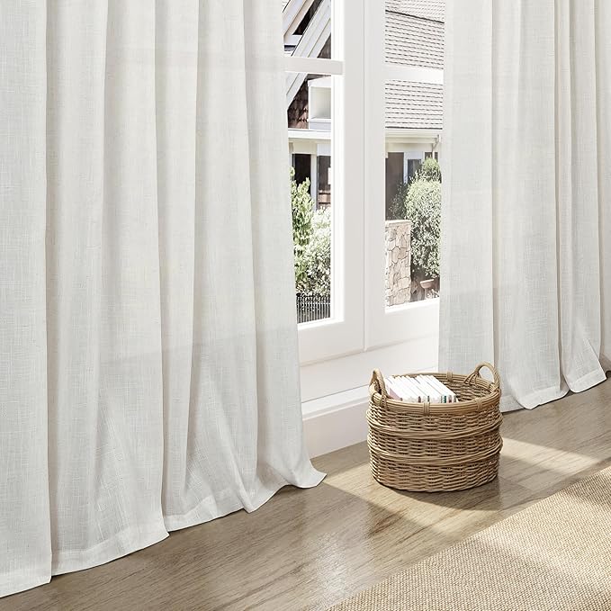 Nanspring Natural Linen Curtains 102 Inches Long for Living Room Rustic Light Filtering Semi Sheer Curtains Back Tab and Rod Pocket Farmhouse Decor Curtain for Bedroom Office 52x102, 2 Panels