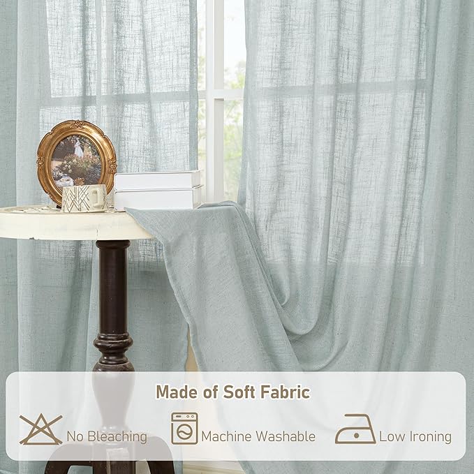 LAMIT Short Linen Window Curtains 30 Inches Long 2 Panels, Greyish Blue Semi Sheer Light Filtering Panels Back Tab and Rod Pocket Neutral Drapes for Basement/Small Windows, 34 x 30 Inch