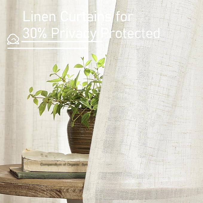 LAMIT Semi Sheer Linen Window Curtains 63 Inch Length, Light Filtering Neutral Curtain Panels Farmhouse Back Tab and Rod Pocket Drapes for Bedroom, Cream Ivory, 2 Panels, 52 x 63 Inch