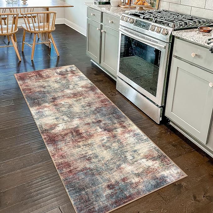 IOHOUZE Abstract Runner Rug 2x7 Ft Washable Runners for Hallways, Non Slip Kitchen Runner Printed Faux Wool Entryway Runners Indoor, Modern Abstract Floor Carpet for Hall Kitchen Bedroom, Red/Multi