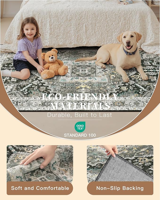 Madane Washable Kitchen Runner Rug 2x6, Ultra-Thin Non-Slip Hallway Runner, Stain Resistant Vintage Entryway Carpet Runner, Pet Friendly Low Pile Runners, Grey Green/Black Olive