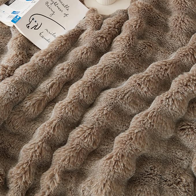 COOVA Faux Fur Throw Blanket for Couch, Cozy Soft and Fuzzy Plush Rabbit Fur Bubble Blanket for Sofa Bedroom Living Room, 50x60 Inches Cationic Brown