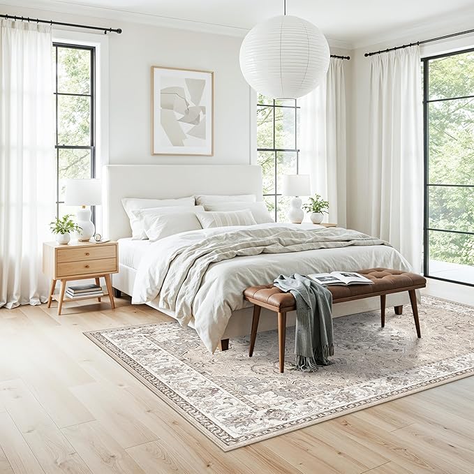 Washable 5x8 Living Room Area Rug: Vintage Water-Resistant Soft Rug for Bedroom Dining Room Non Slip Apartment Low Pile Carpet Thin Floor Mat for Dorm Home Office Printed Beside Rug(5x8，Beige)