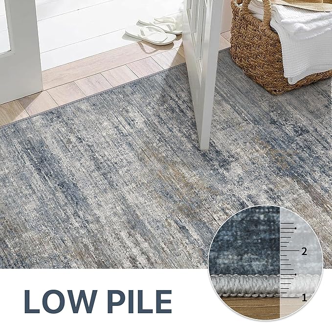 Area Rugs 8x10 for Living Room Bedroom, Modern Abstract Machine Washable Rug, Large Soft Low Pile Floor Carpet with Non Slip Backing for Dining Room, Denim Blue/Taupe
