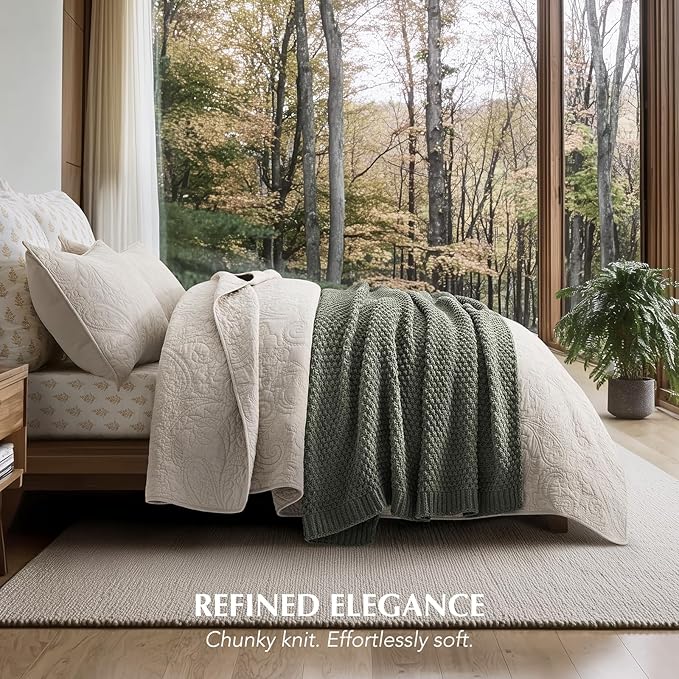 EVERGRACEHOME Chunky Chenille Knit Throw Blanket for Couch, Soft Luxurious Moss Stitch Blankets for Bed, Cozy Decorative Farmhouse Knitted Throws for Sofa, Dried Thyme Green, 50" x 60"