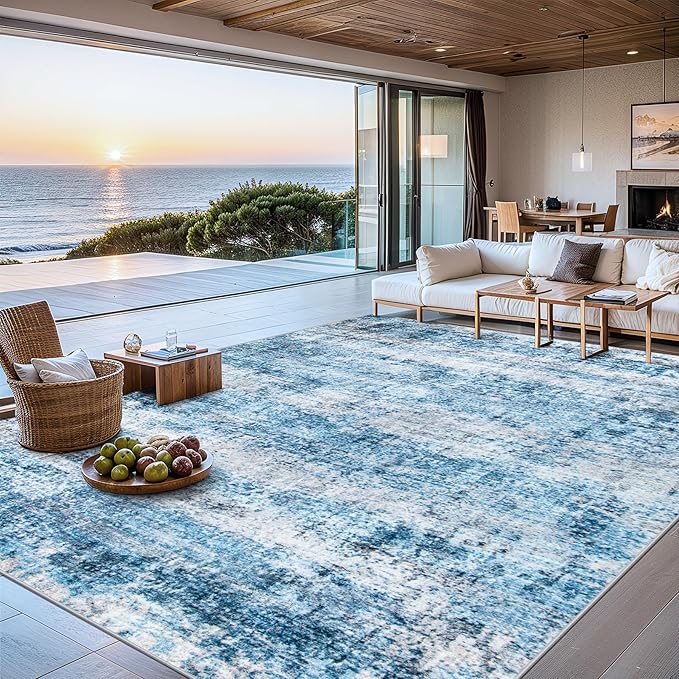 Area Rugs Living Room Rug - 4x6 Washable Modern Abstract Soft Neutral Non-Slip Carpet Large Indoor Floor Thin Carpets for Bedroom Dining Room Farmhouse Nursery Home Office Blue Grey