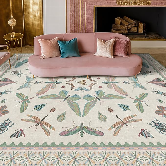 Green Butterfly Rugs for Girls Bedroom - 8x10 Floral Area Rug for Living Room, Dining Room Under Kitchen Table, Washable Lightweight Insect Print Large Carpet Indoor